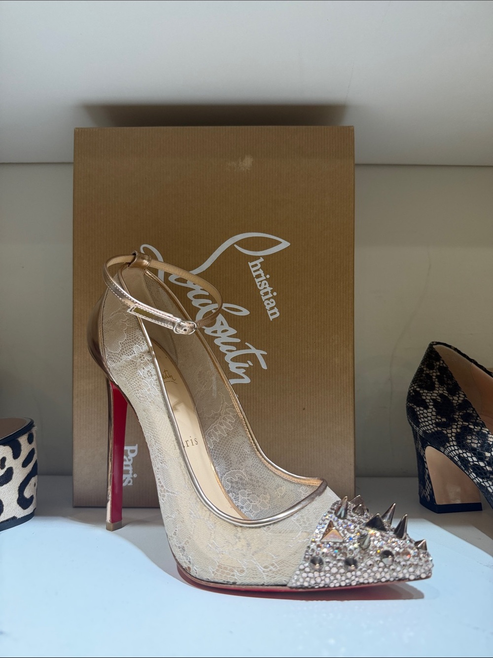 Christian Louboutin Champagne Lace Crystal Spike Ankle-Strap Pump